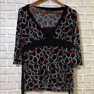 Reitmans women’s blouse size large, lace over cleavage, geometric,  tie in back